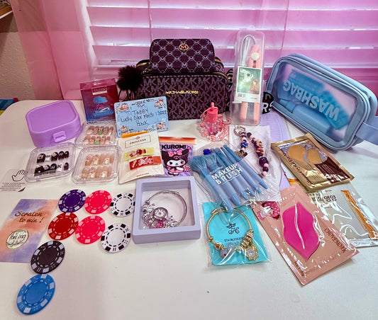 Lucky Color Match example with bags, blue makeup brushes, jewelry, nail sets and colorful tokens on a table.